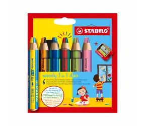 STABILO® woody 3 in 1 duo - dvoubarevná tuha - 6 ks sada s ořezávatkem