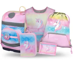 BAAGL SET 5 - Školní set  Zippy Plus Rainbow Unicorn: aktovka / penál / sáček / zástěra / peněženka