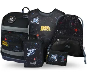 BAAGL SET 5 - Školní set  Zippy Plus Pixel Space: aktovka / penál / sáček / zástěra / peněženka