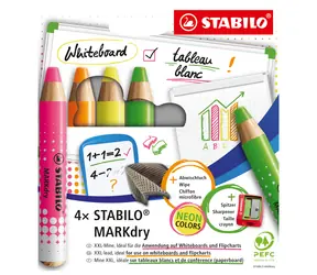 STABILO MARKdry Neon 4 ks sada s ořezávátkem a hadříkem - 4 neonové barvy