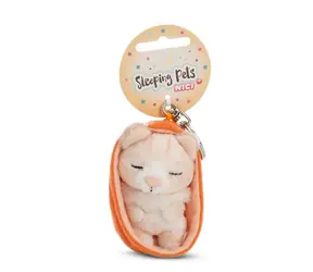 NICI GREEN klíčenka spící Kočička béžová + oranžový košík 12 cm