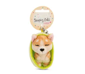 NICI GREEN klíčenka spící Pejsek Welsh Corgi + světle zelený košík 12 cm