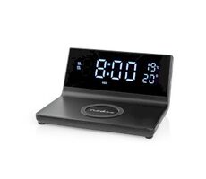 Nedis WCACQ20BK černá / Budík s bezdrátovou nabíječkou / 15 W / 1x USB-A / 2x USB-C / 2 časy alarmu 