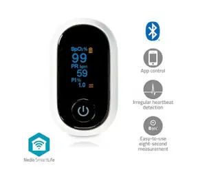 Nedis BTHOX10WT bílá / Pulzní oxymetr / Bluetooth / OLED Displej / SmartLife / 2x AAA