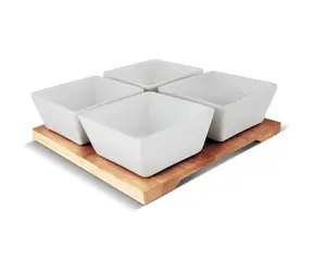 Lamart Bamboo Sada Servírovací misky 4ks bílá-hnědá / 19 x 19cm / porcelán-dřevo