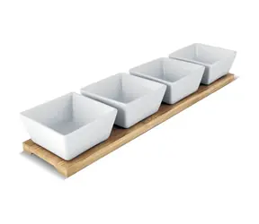 Lamart Bamboo Sada Servírovací misky 4ks bílá-hnědá / 38 x 9cm / porcelán-dřevo