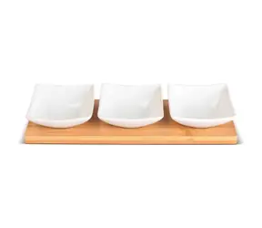 Lamart Bamboo Sada Servírovací misky 3ks bílá-hnědá / 26 x 8cm / porcelán-dřevo