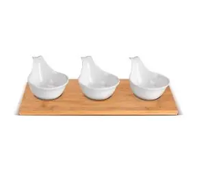 Lamart Bamboo Sada Servírovací misky 3ks bílá-hnědá / 27 x 12cm / porcelán-dřevo