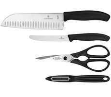 VICTORINOX Swiss Classic Sada 2x nůž + kuchyňské nůžky + škrabka na zeleninu černá