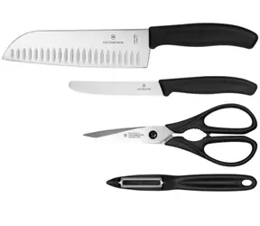 VICTORINOX Swiss Classic Sada 2x nůž + kuchyňské nůžky + škrabka na zeleninu černá