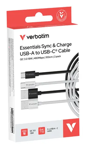 Verbatim Essentials Sync & Charge černá+bílá / Kabel / USB-A na USB-C / 18 W / 100 cm / 2 ks
