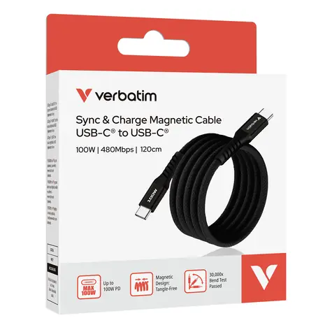 Verbatim 31863 Magnetický 100W USB-C kabel 1.2 m černá / Kabel / USB-C(M) na USB-C(M) / PD & QC 3.0