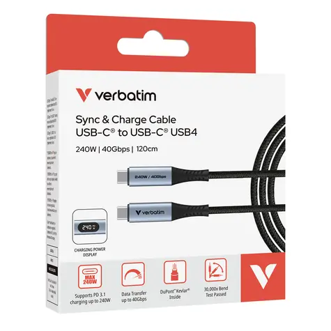 Verbatim Sync & Charge černá / Kabel USB-C na USB-C / 240 W / 40 Gbit/s / 120 cm / LED displej