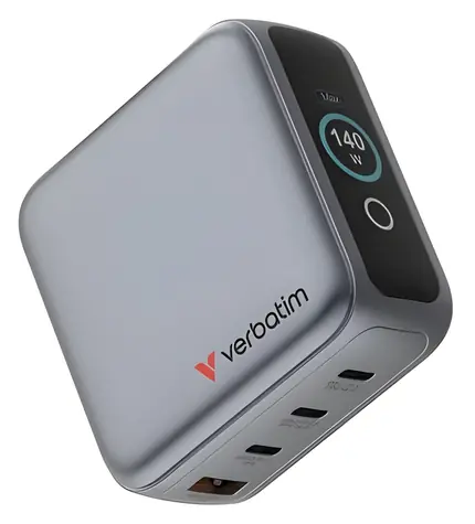 Verbatim Mini GaN 140W šedá / Nabíjecí adaptér / 3x USB-C / 1x USB-A / PPS / TFT displej