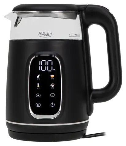 Adler AD 1305 černo-stříbrná / Rychlovarná konvice / 2200 W / 1.7 L / sklo / regulace teploty