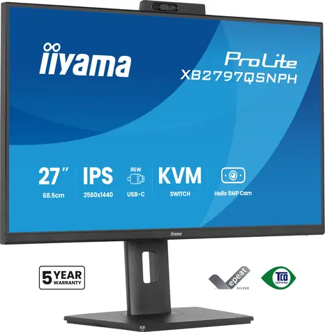 27" IIYAMA ProLite XB2797QSNPH-B1 černá / Monitor / IPS / QHD / 75 Hz / 1 ms / USB-C 96W / KVM / webkamera 5MP