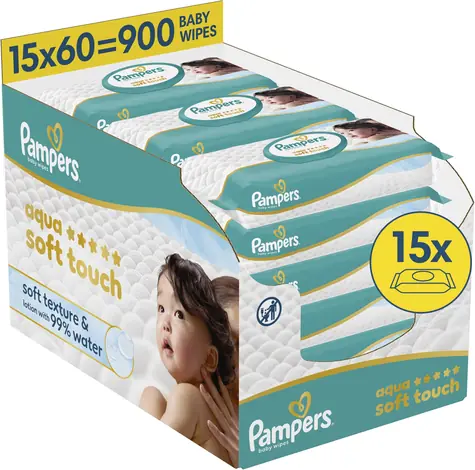 Pampers Aqua Soft Touch / Vlhčené ubrousky / 900 ks (15 × 60 ks) / Plastic Free