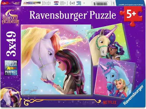 Ravensburger Unicorn Academy – Magie a přátelství / Dětské puzzle / 3x 49 dílků / od 5 let