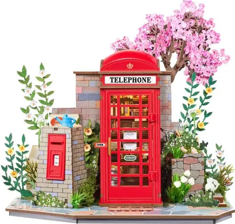 ROBOTIME Miniatura Telefonní budka s knihami a květinami / Zarážka na knihy / 3D skládačka / dřevo / 116 dílků