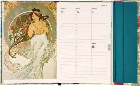 NOTIQUE Alfons Mucha 2027 / Týdenní diář / 11 x 16 cm / anglický / mezinárodní svátky / magnetické uzavírání