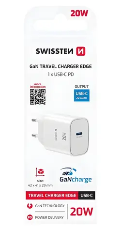 Swissten Edge bílá / Síťový adaptér / GaN / USB-C PD / 20W