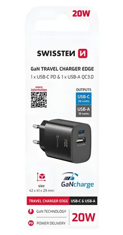 SWISSTEN Edge GaN USB-C + USB-A černá / Síťový adaptér / 20W PD / 18W QC