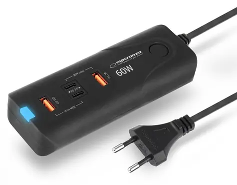 Esperanza EZC109 černá / Síťová nabíječka / 60W / 2× USB-C + 2× USB-A / PD / QC 3.0