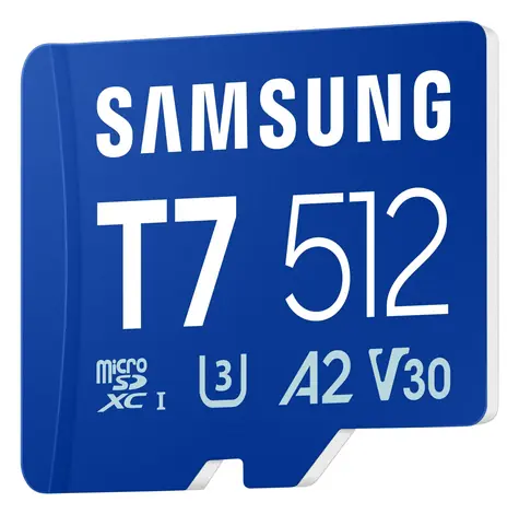 Samsung T7 modrá / Paměťová karta microSDXC / 512 GB / UHS-I U3 / Class 10, V30, A2 / čtení: 170 MB/s / zápis: 30 MB/s