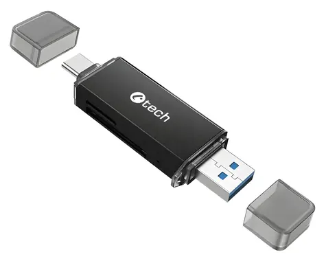 C-TECH UCR-02-AL černá / Čtečka paměťových karet / USB 3.0 / SD, micro SD / USB-A + USB-C