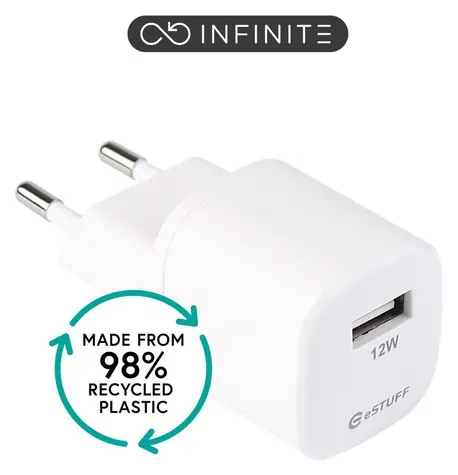 eSTUFF Infinite bílá / USB nabíječka / 1x USB-A / 12 W / 5V/2,4A / GRS recyklovaný plast