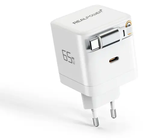 RealPower GaN 65W bílá / Síťová nabíječka / 2x USB-C / vestavěný kabel / PD