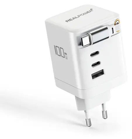 RealPower GaN Charger 100W bílá / Nabíjecí adaptér / 100W / 3x USB-C / 1x USB-A