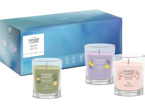YANKEE CANDLE Dárková sada Celoroční Tumbler 2026 / Pink Sands, Sage & Citrus, Lemon Lavender / 3× 142 g