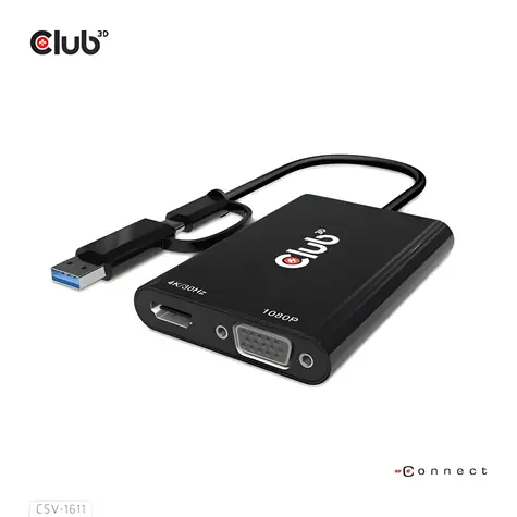 Club3D CSV-1611 / Adaptér / USB-C/USB-A vstup / HDMI 4K/30Hz + VGA 1080p/60Hz