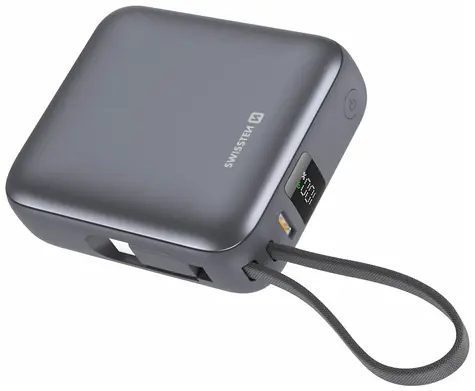 Swissten Space 10000 mAh stříbrná / Powerbanka s integrovaným kabelem / 35W / USB-C