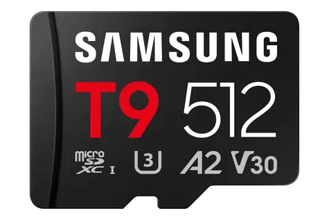Samsung T9 černá / Paměťová karta microSDXC / 512 GB + SD adaptér / UHS-I U3 / Class 10, V30, A2 / čtení: 200 MB/s
