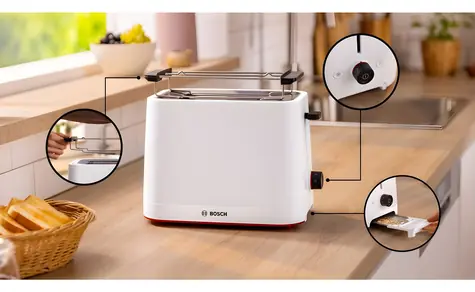 BOSCH MyMoment TAT3M121 bílá / Topinkovač / 2 topinky / 950W / centrování chleba / funkce odmrazování