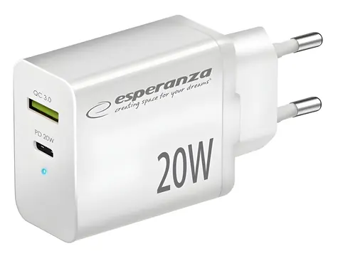 Esperanza EZC105W bílá / Nabíjecí adaptér / 20 W / Quick Charge 3.0 / USB-C + USB-A