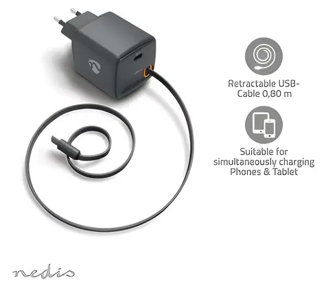 Nedis GaN 30W černá / Síťová nabíječka / USB-C PD3.0 se zatahovacím kabelem / 0,75 m
