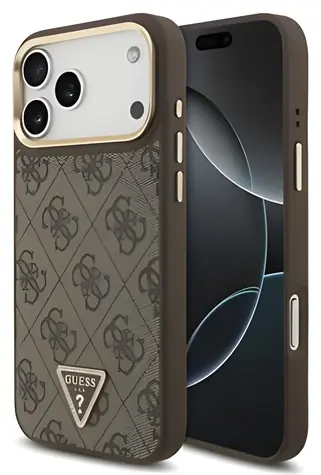Guess PU Leather 4G Strass Triangle Logo Gold Frame Brown / Zadní kryt / MagSafe / iPhone 17 Pro Max