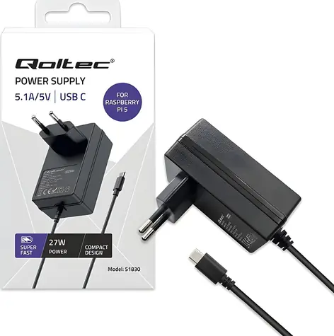 Qoltec Super Fast PD černá / Nabíječka pro Raspberry Pi 5 / USB-C / 27 W / 5-12V / 1.8-5A