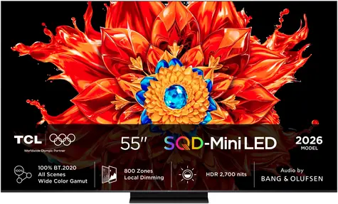 55" TCL 55MSQLED85L černá / Televize / 4K UHD / SQD-Mini LED / 144Hz / 4x HDMI 2.1 / DVB-T2/C/S2 / Google TV / 60W B&O