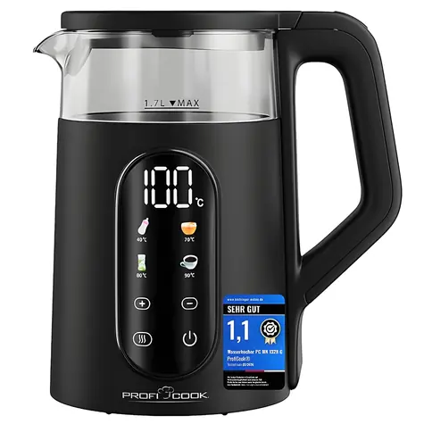 ProfiCook WK 1328 / Rychlovarná konvice / 1,7 l / sklo / regulace teploty 40–100 °C / dotykový displej
