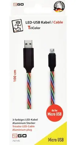 2GO Tricolor / Datový kabel / USB-A na Micro-USB / LED podsvícení / hliníkové konektory / 1 m
