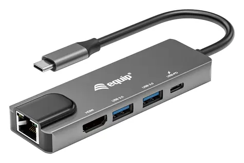 Equip 133489 šedá / Dokovací stanice / USB-C / HDMI 4K / GbE LAN / PD 100W / 2x USB-A