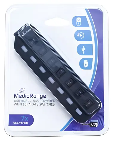 MediaRange USB hub černá / 7 portů / USB 2.0 / Plug and Play