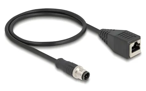 DeLock M12 4pin D-kód (M) - RJ45 (M) / Průmyslový síťový kabel / 0,5 m / -25 až 80 °C