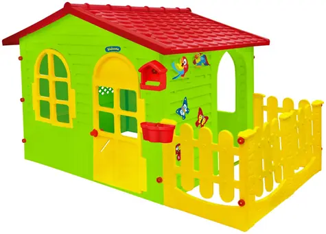 MOCHTOYS Dětský zahradní domeček zeleno-červený / s plotem a tabulí / od 1 roku