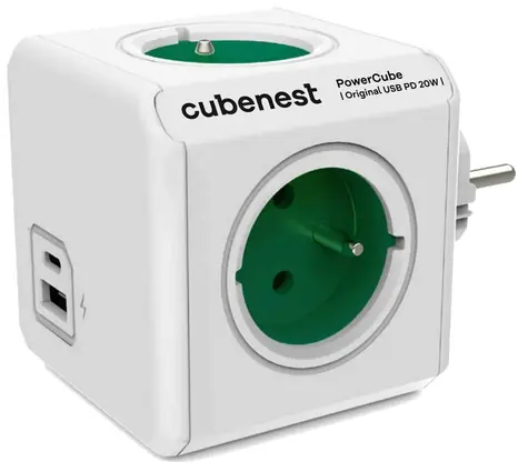 Cubenest PowerCube Original PD 20W A+C bílá/zelená / Rozbočovač / 4x zásuvka / USB-A + USB-C / Dětská pojistka