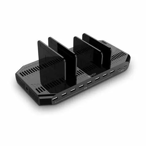 Lindy 120W černá/šedá / USB nabíjecí stanice / 8x USB-A + 2x USB-C / QC 3.0 / Samsung AFC
